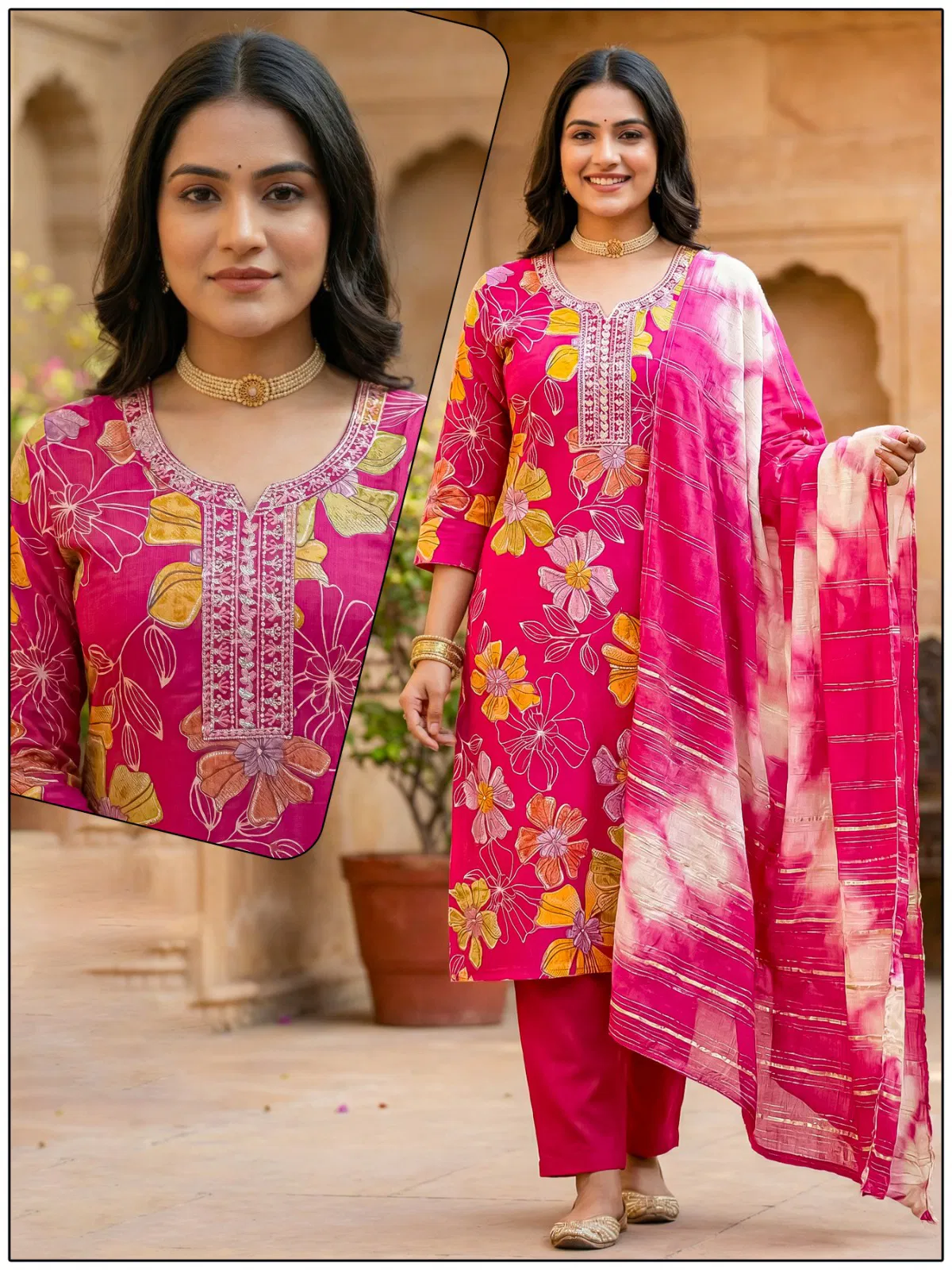 Naisha K 724 Vertican Discharge Print Kurti Pant And Dupatta Collection