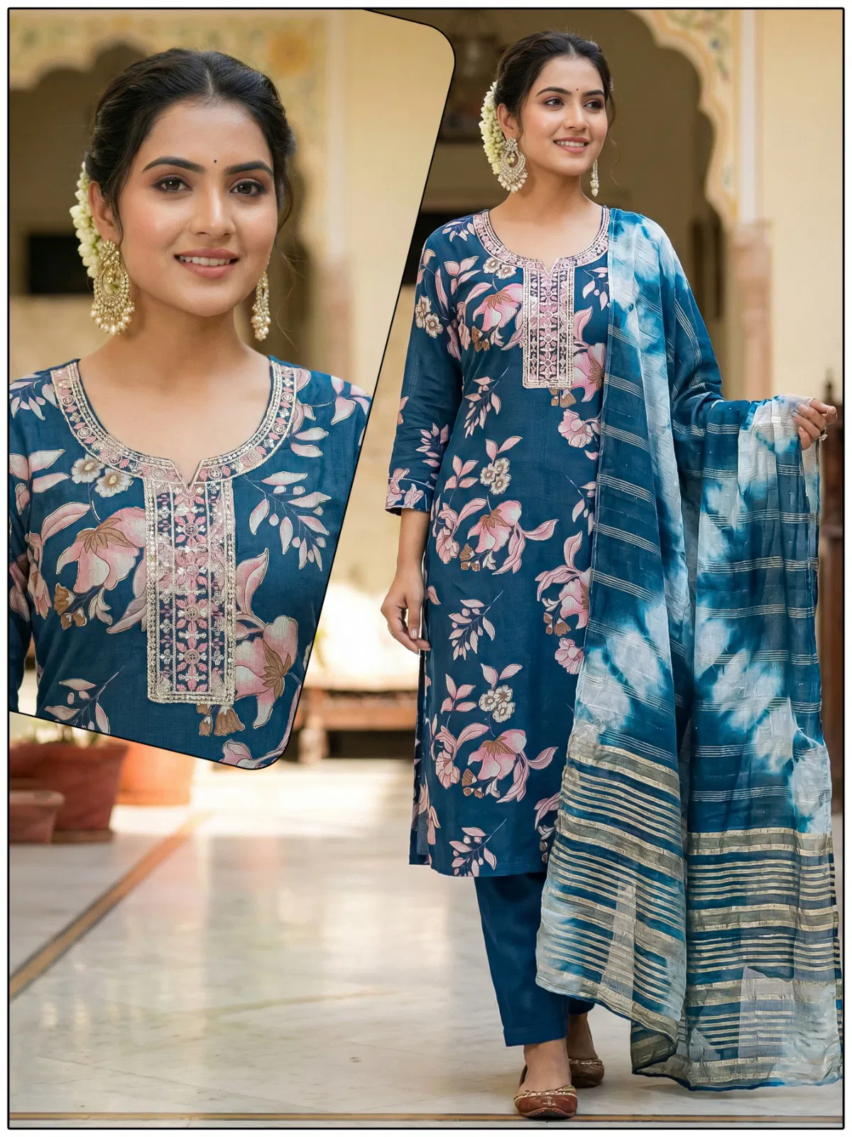 Naisha K 724 Vertican Discharge Print Kurti Pant And Dupatta Collection
