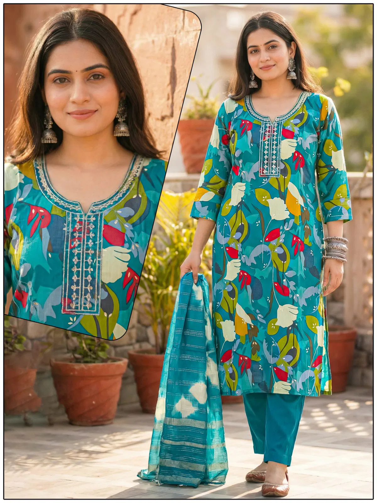 Naisha K 724 Vertican Discharge Print Kurti Pant And Dupatta Collection