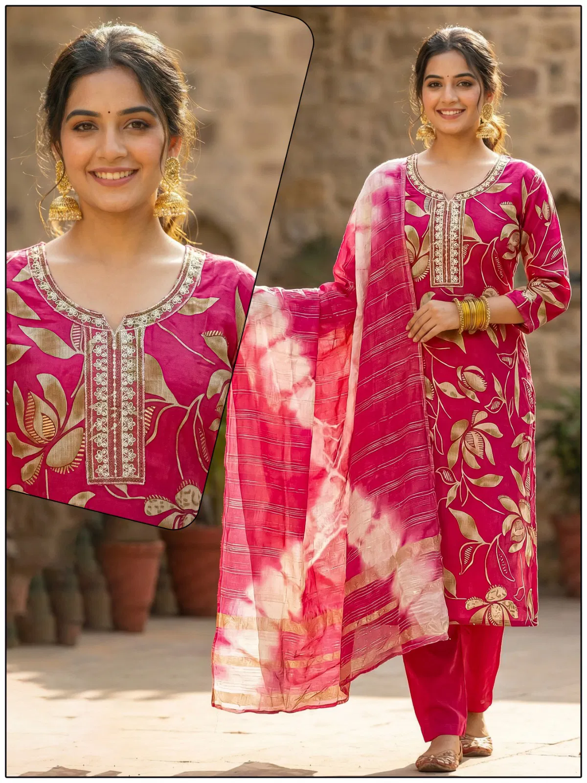 Naisha K 724 Vertican Discharge Print Kurti Pant And Dupatta Collection