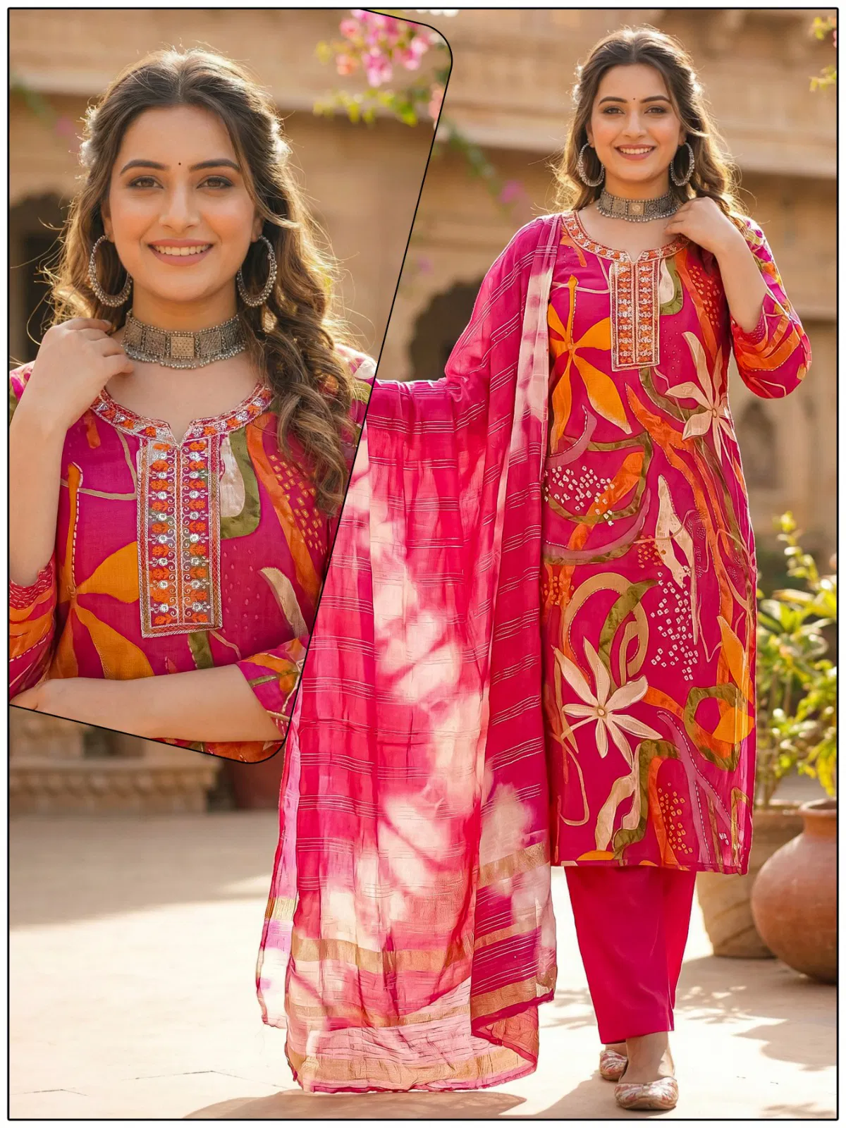 Naisha K 724 Vertican Discharge Print Kurti Pant And Dupatta Collection