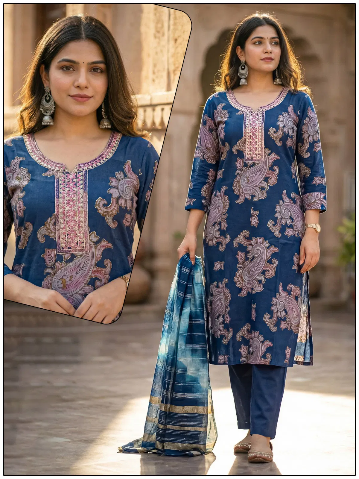 Naisha K 724 Vertican Discharge Print Kurti Pant And Dupatta Collection