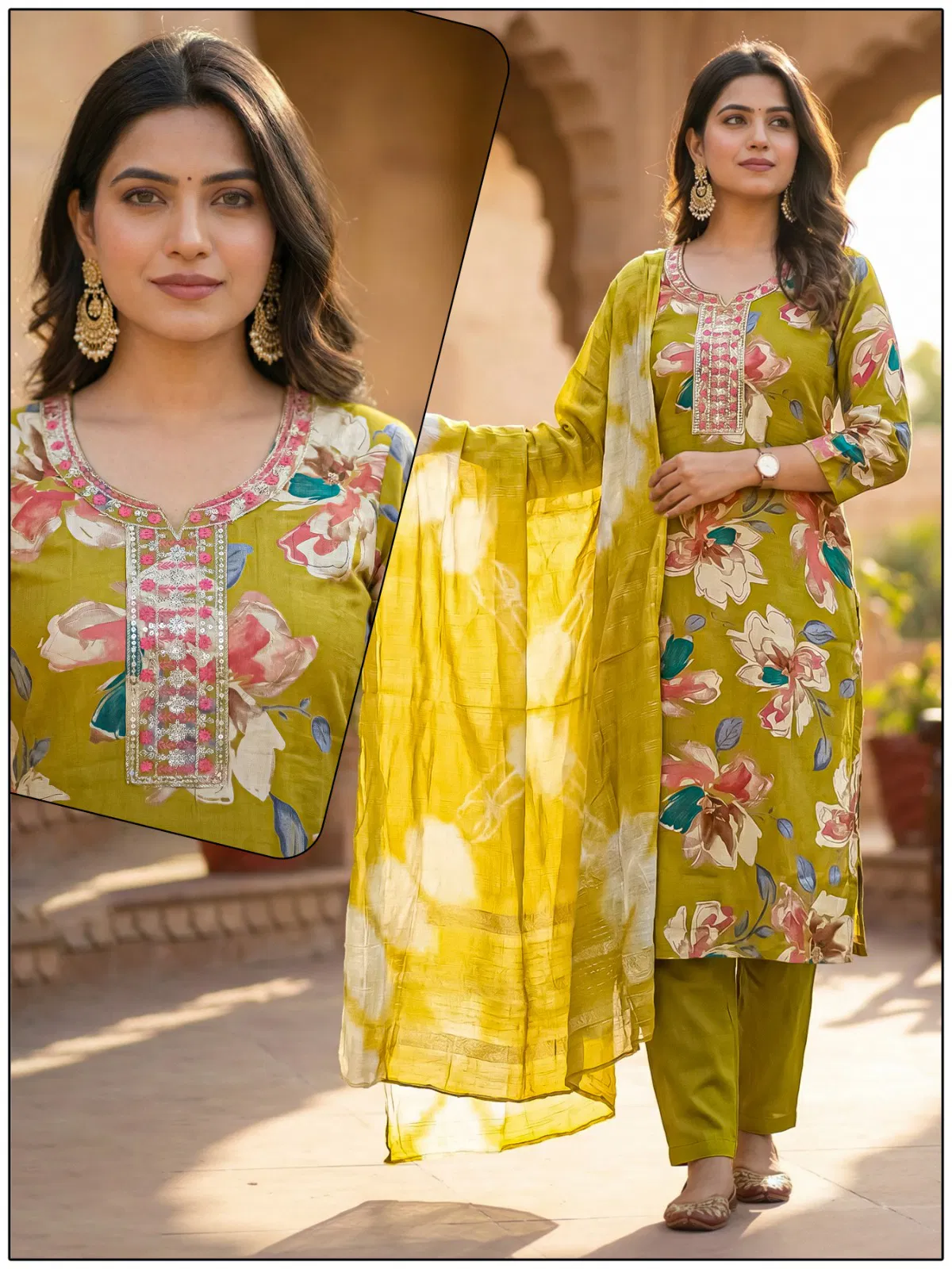 Naisha K 724 Vertican Discharge Print Kurti Pant And Dupatta Collection