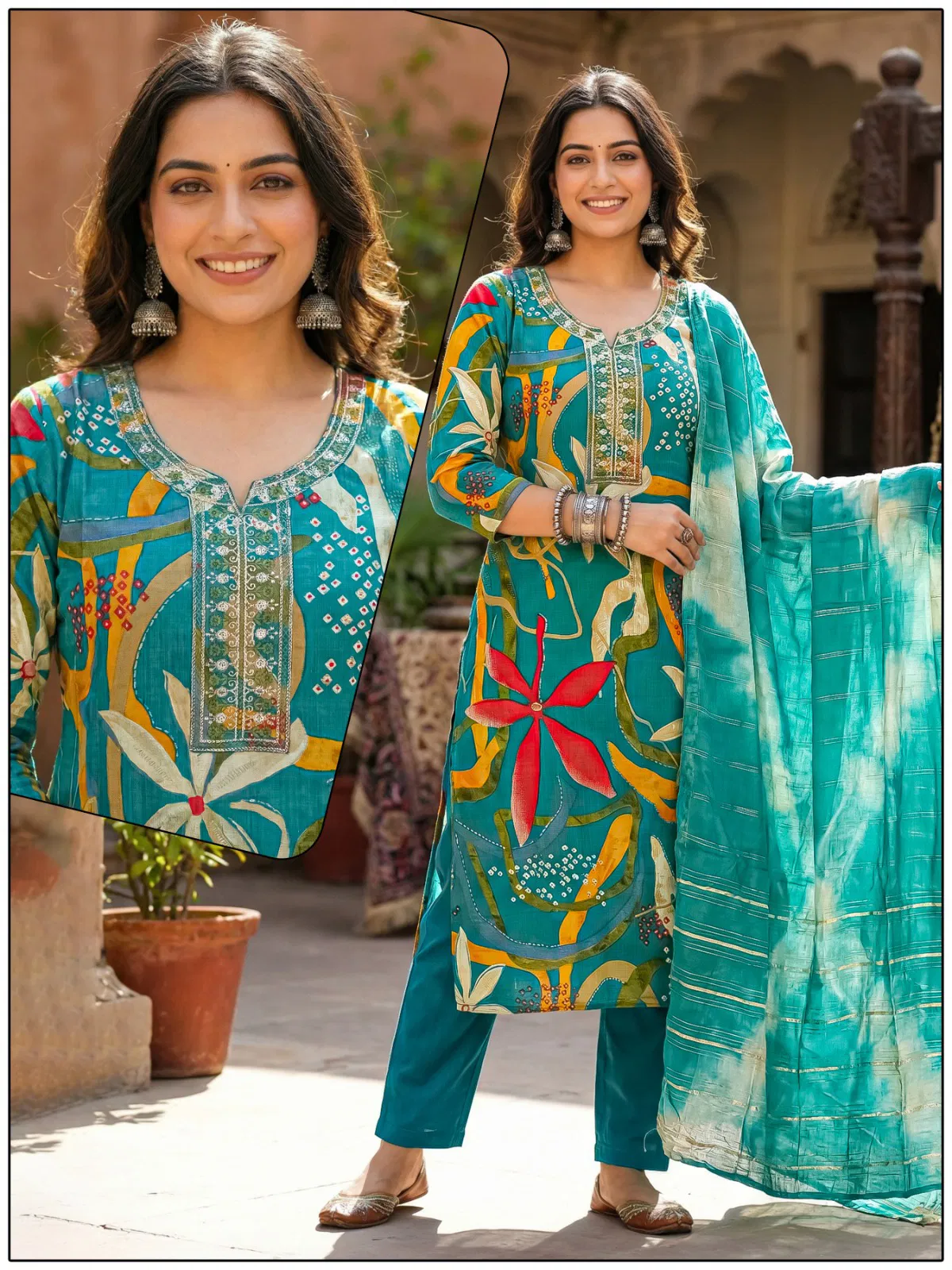 Naisha K 724 Vertican Discharge Print Kurti Pant And Dupatta Collection