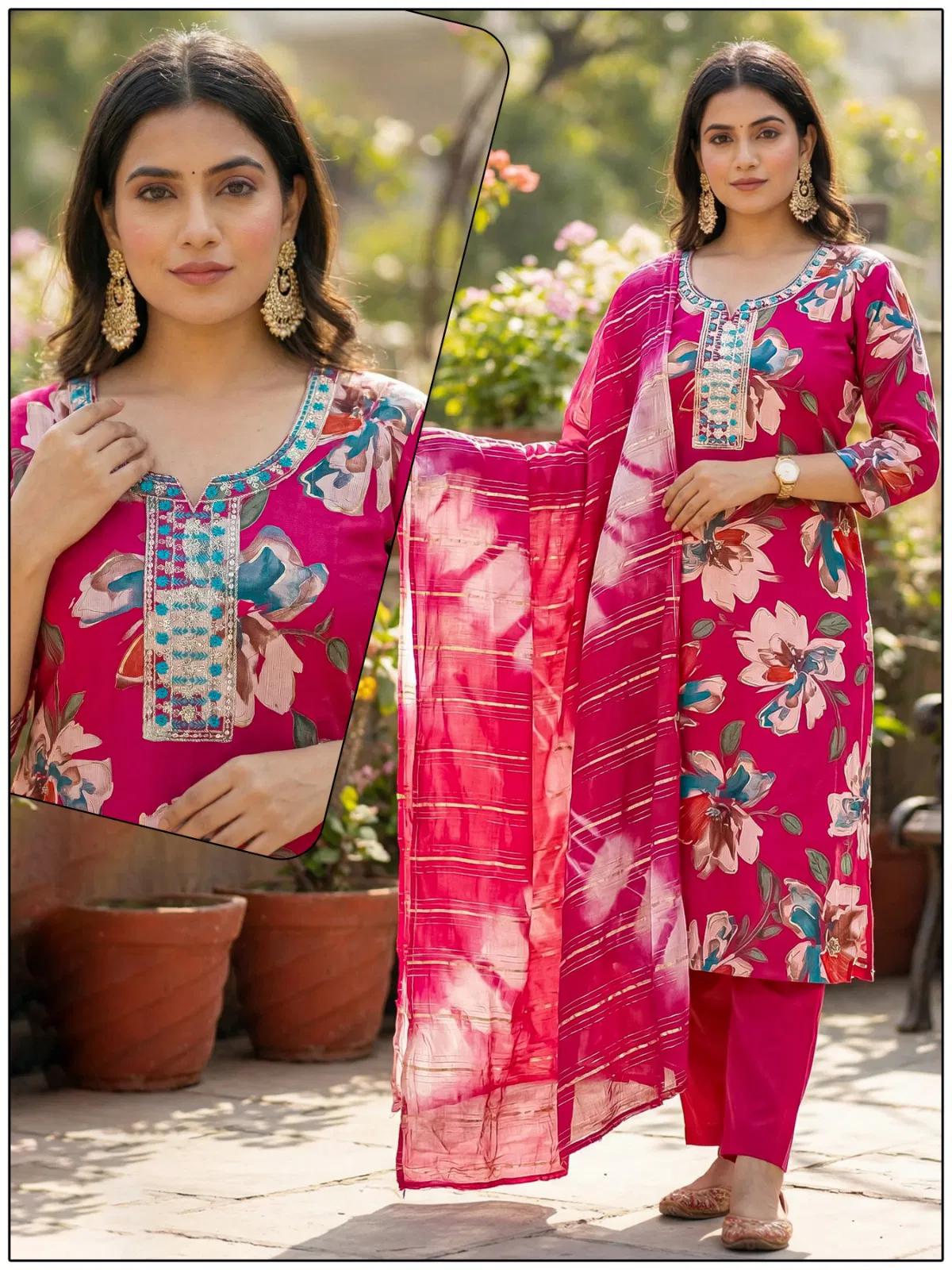 Naisha K 724 Vertican Discharge Print Kurti Pant And Dupatta Collection