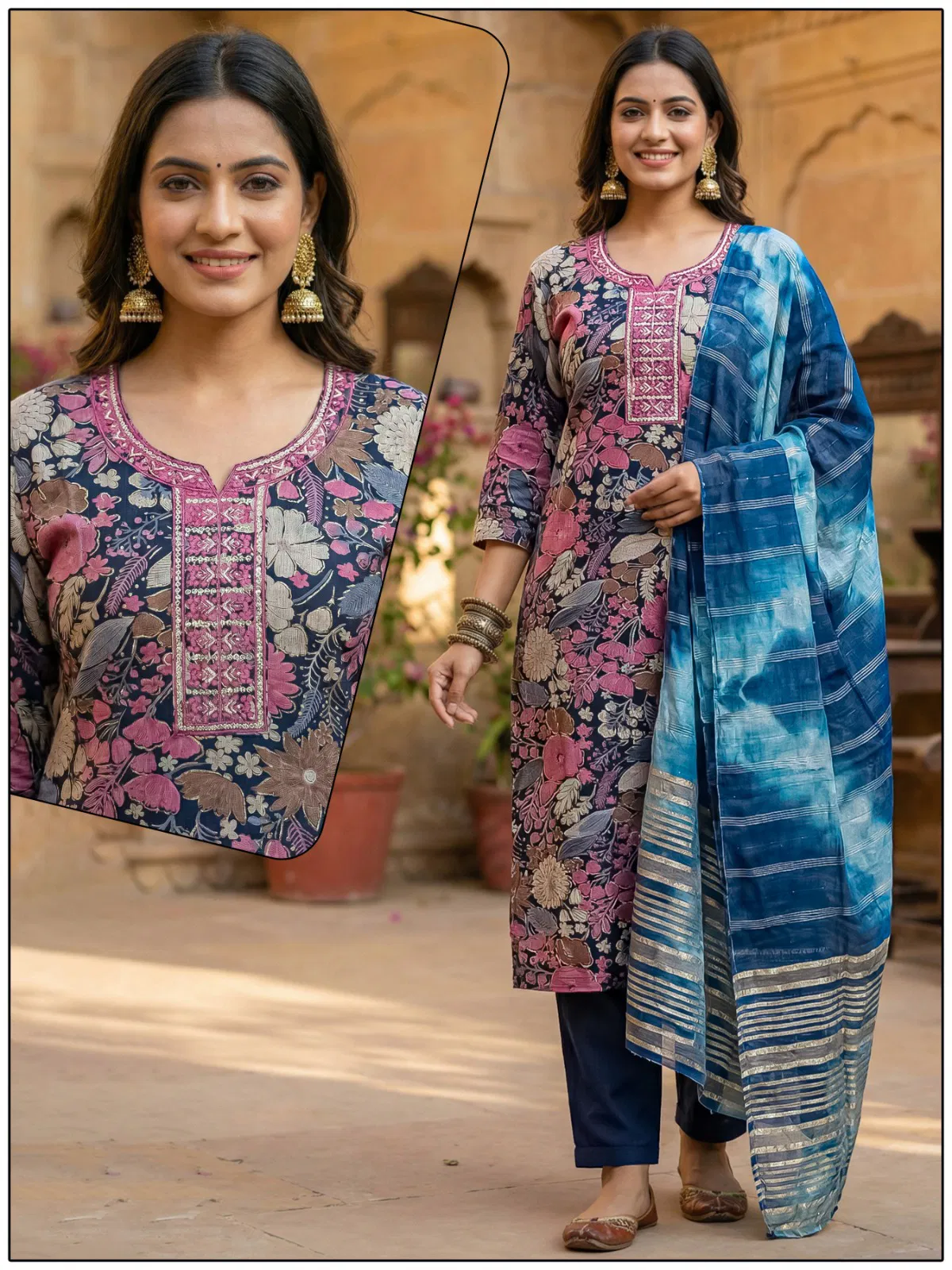 Naisha K 724 Vertican Discharge Print Kurti Pant And Dupatta Collection