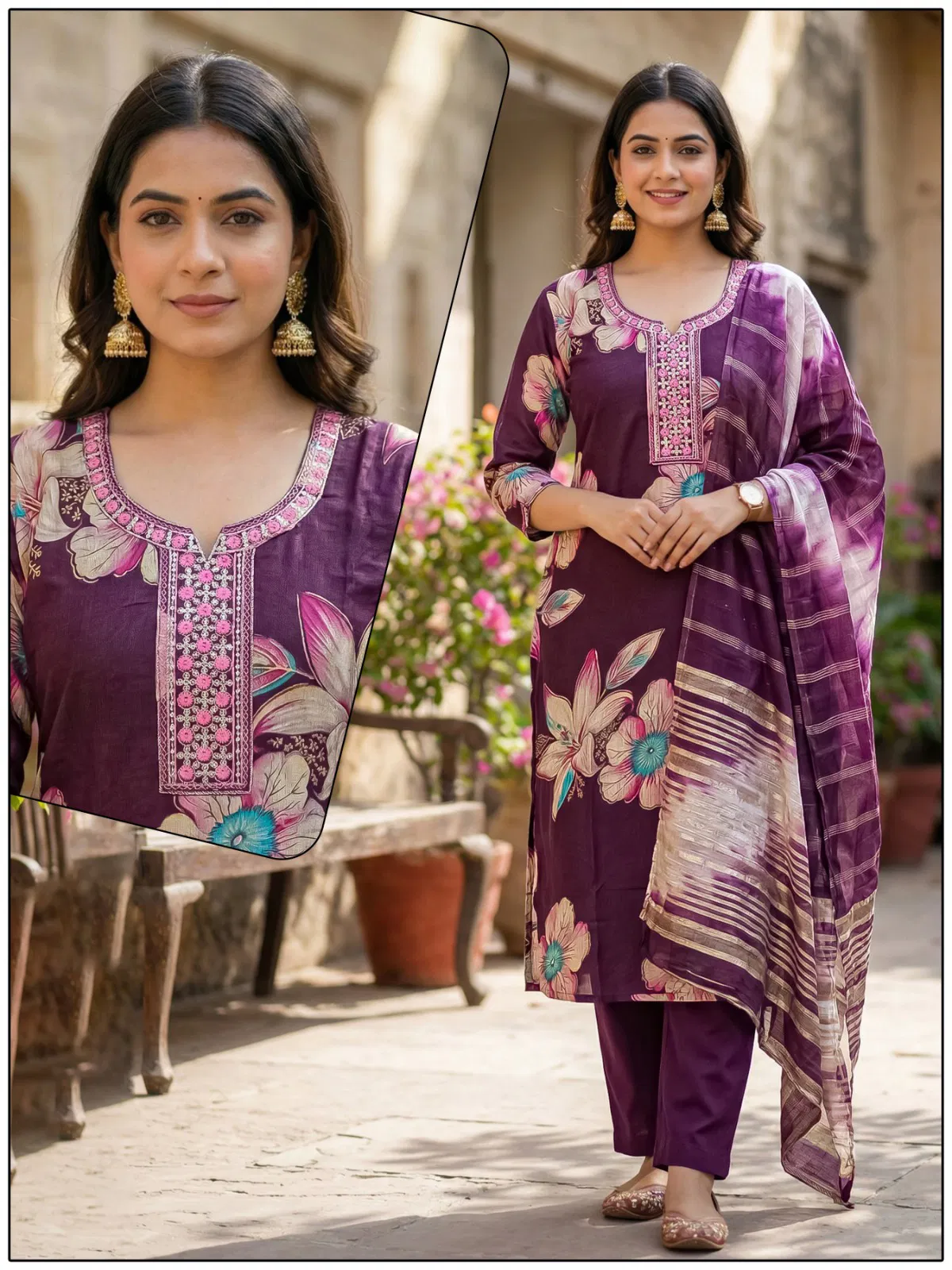Naisha K 724 Vertican Discharge Print Kurti Pant And Dupatta Collection