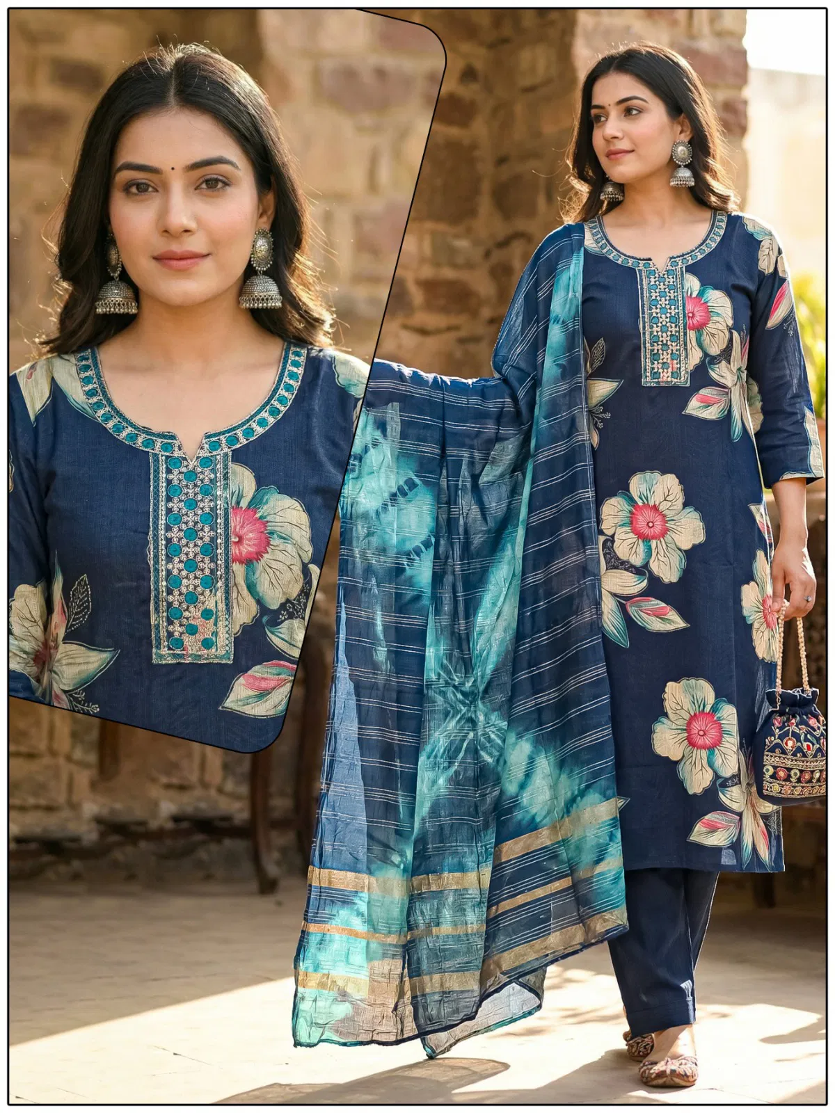 Naisha K 724 Vertican Discharge Print Kurti Pant And Dupatta Collection