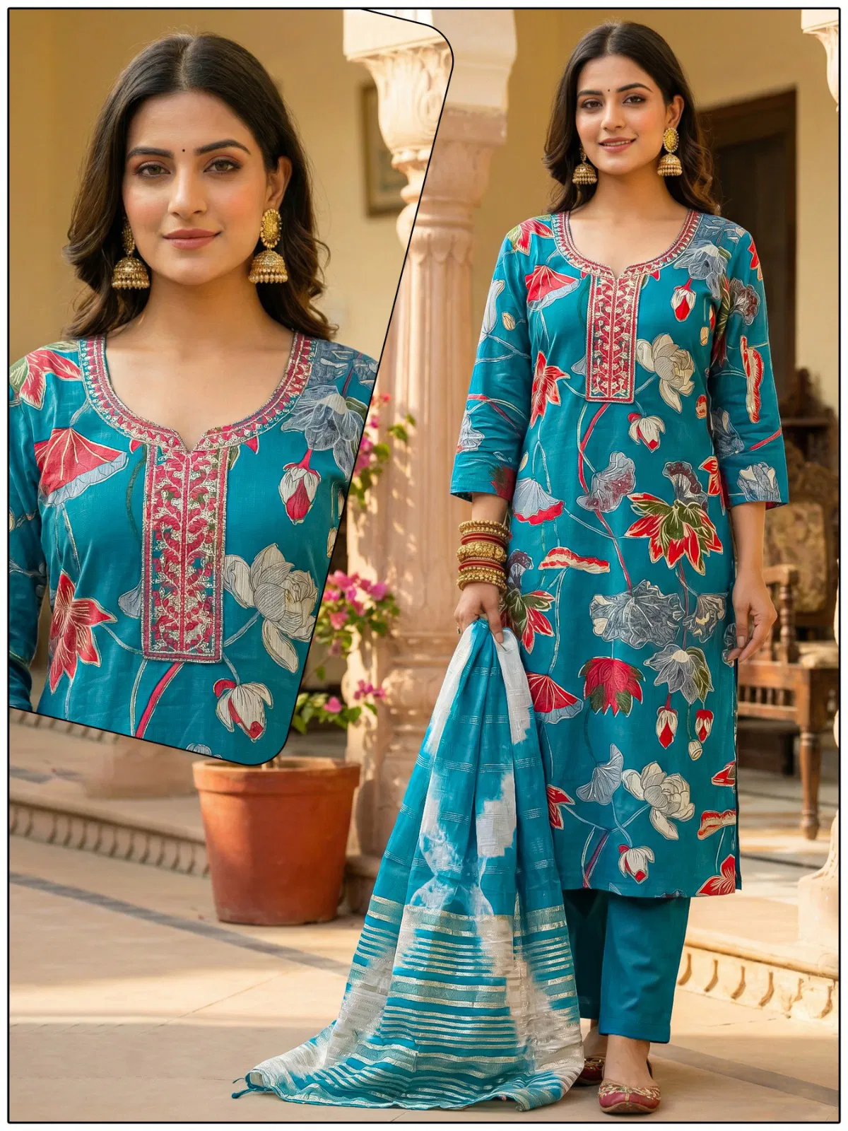 Naisha K 724 Vertican Discharge Print Kurti Pant And Dupatta Collection