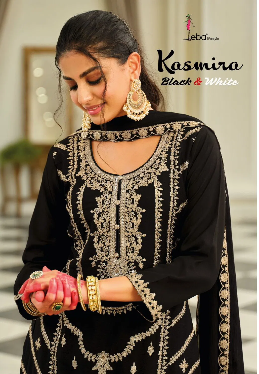 Eba Kasmira Black And White Chinon With Embroidery Worked Designer Salwar Kameez
