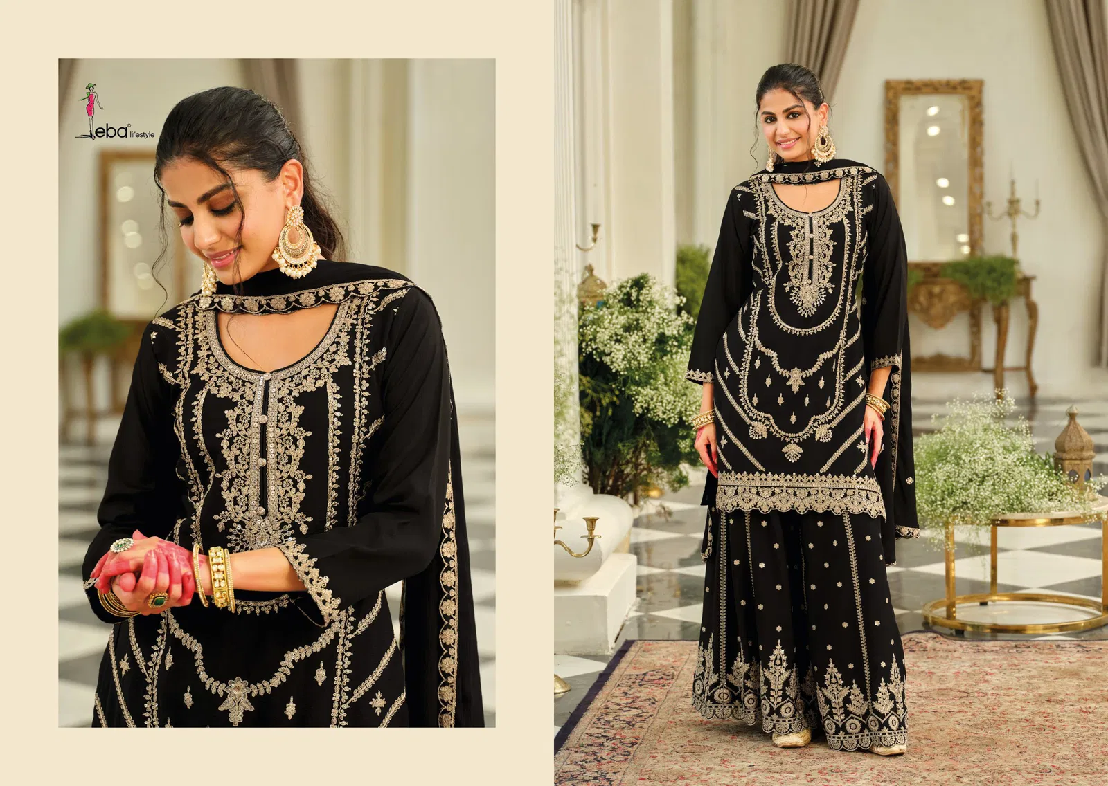 Eba Kasmira Black And White Chinon With Embroidery Worked Designer Salwar Kameez