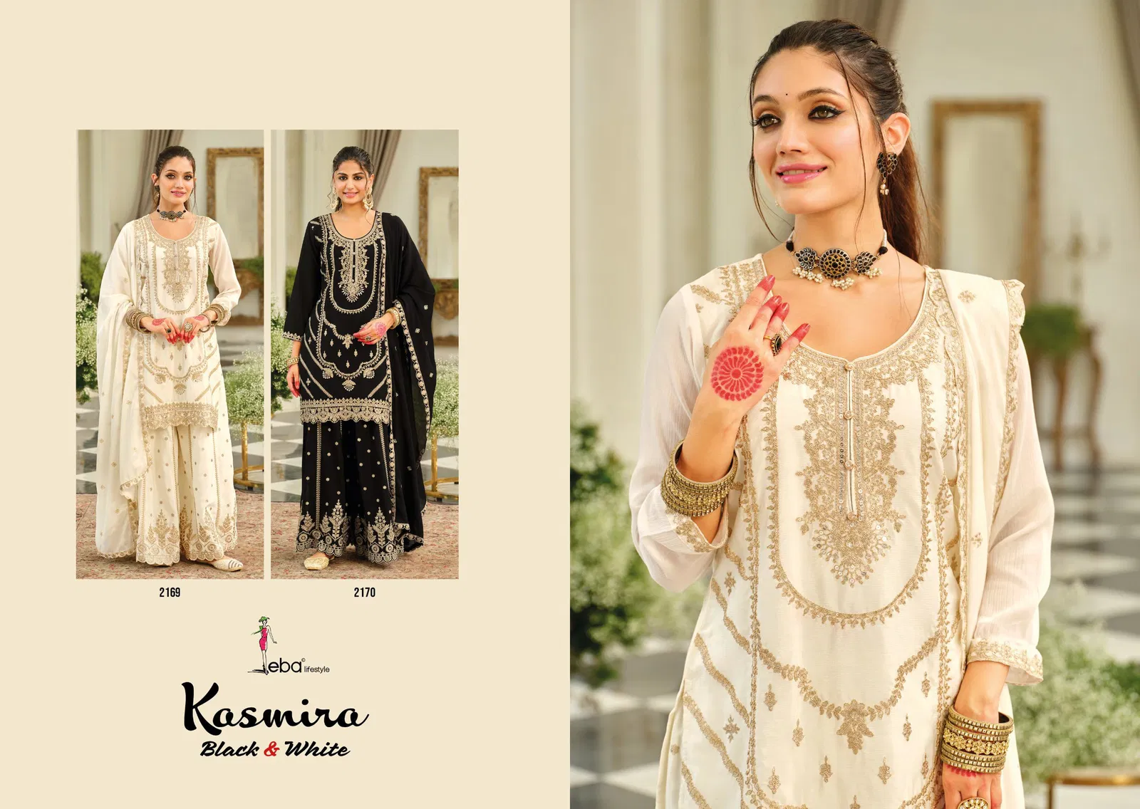 Eba Kasmira Black And White Chinon With Embroidery Worked Designer Salwar Kameez
