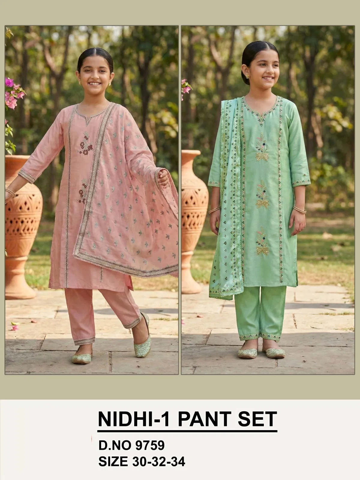 Nidhi 9759 And 9760 Vatican Silk Kids Wear Kurti Pant With Dupatta