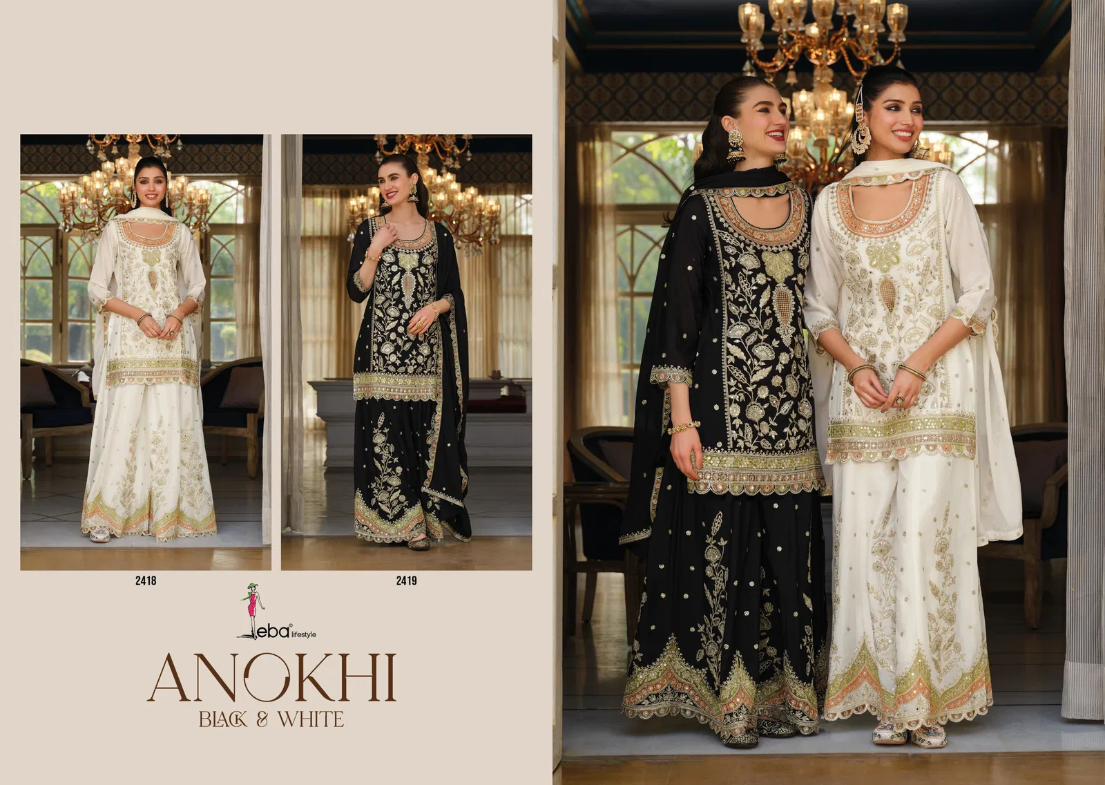Eba Anokhi Black And White Chinon With Embroidery Worked Top Bottom And Dupatta