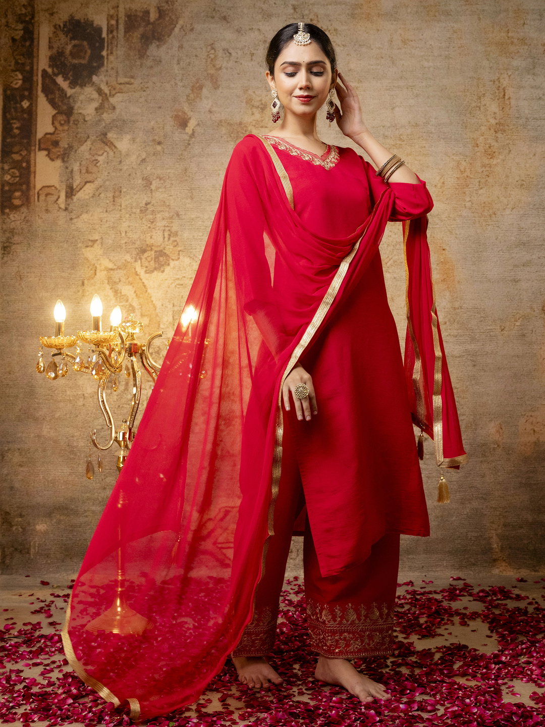 VP 9676 Pink Embroidered Silk Blend Calf Length Straight Kurta with Palazzo & Dupatta Set