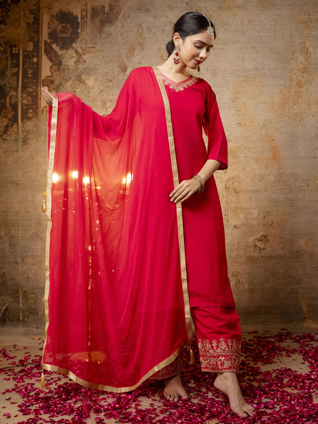 VP 9676 Pink Embroidered Silk Blend Calf Length Straight Kurta with Palazzo & Dupatta Set