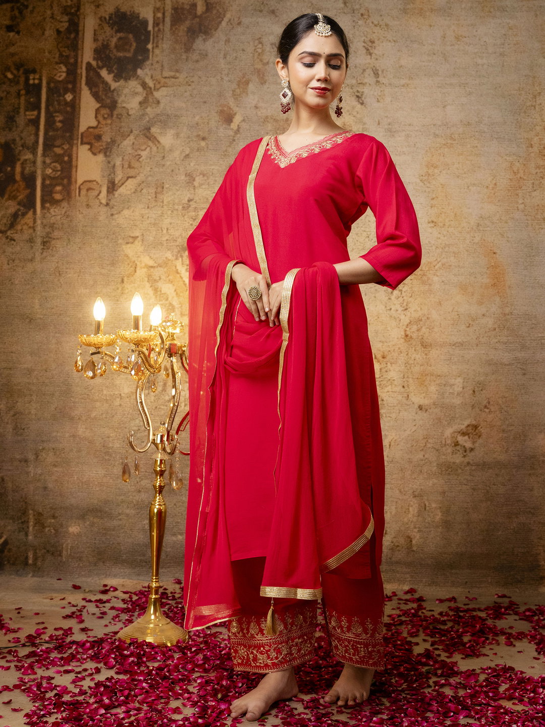 VP 9676 Pink Embroidered Silk Blend Calf Length Straight Kurta with Palazzo & Dupatta Set