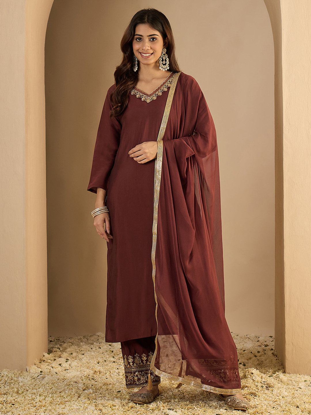 Vp 9676 Cofee Silk Blend Embroidered Kurti With Bottom Dupatta