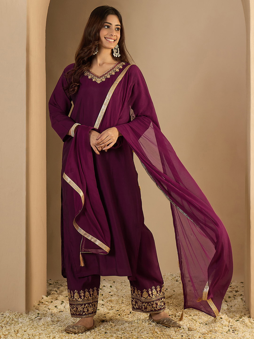 VP 9676 Purple Embroidered Silk Blend Calf Length Straight Kurta with Palazzo & Dupatta Set