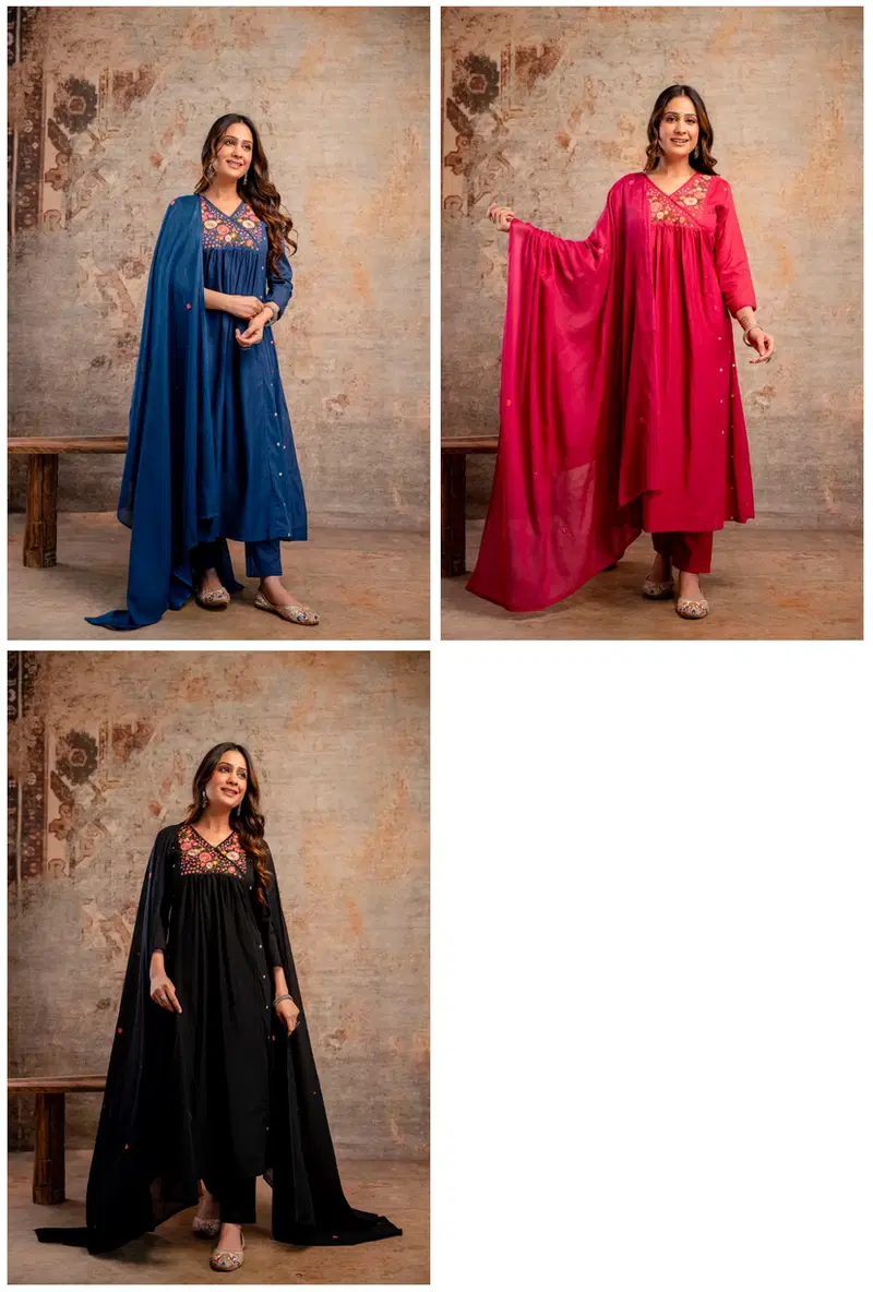 Naisha K 729 Mul Cotton Embroidered Work Kurti Pant And Dupatta Collection
