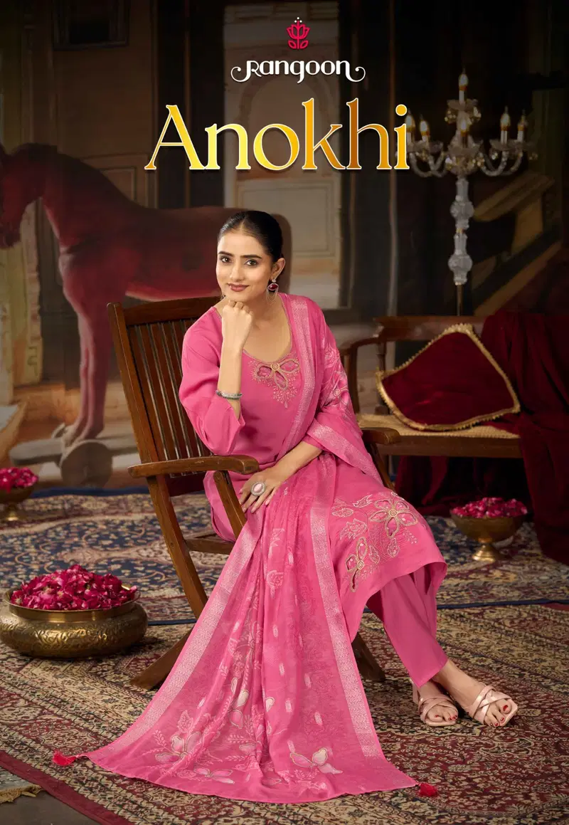 Rangoon Anokhi Viscose Embroidered Kurti Pant And Dupatta Collection