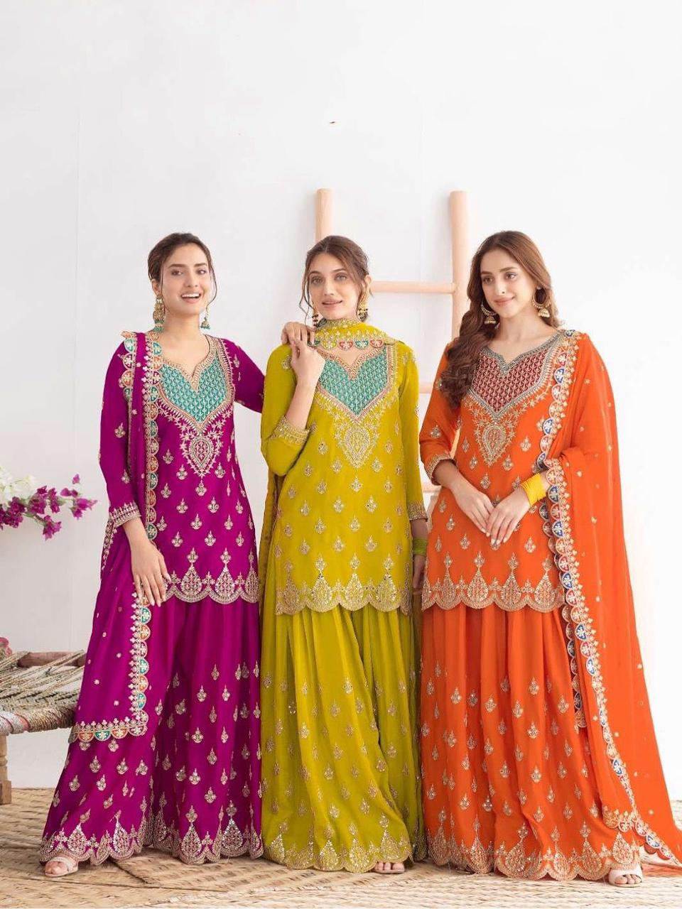 NCO 52 HWW Chinon Silk Embroidery Designer Sharara Suit With Dupatta