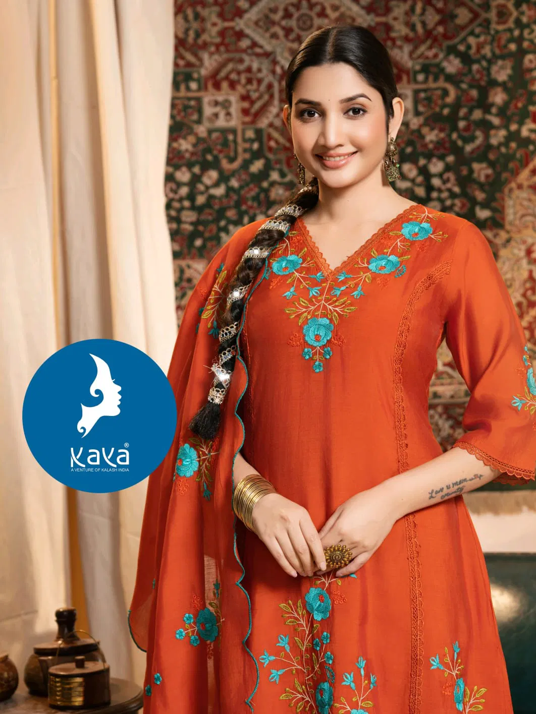 Kaya Khushboo Mul Chanderi Embroidered Kurti Bottom And Dupatta Set