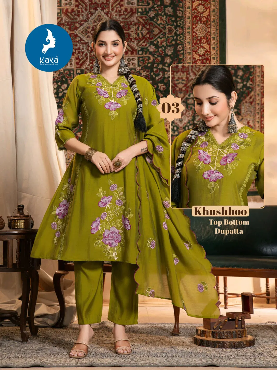 Kaya Khushboo Mul Chanderi Embroidered Kurti Bottom And Dupatta Set