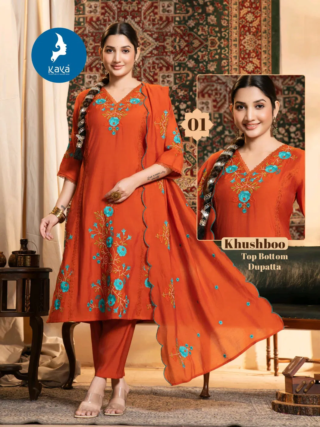 Kaya Khushboo Mul Chanderi Embroidered Kurti Bottom And Dupatta Set