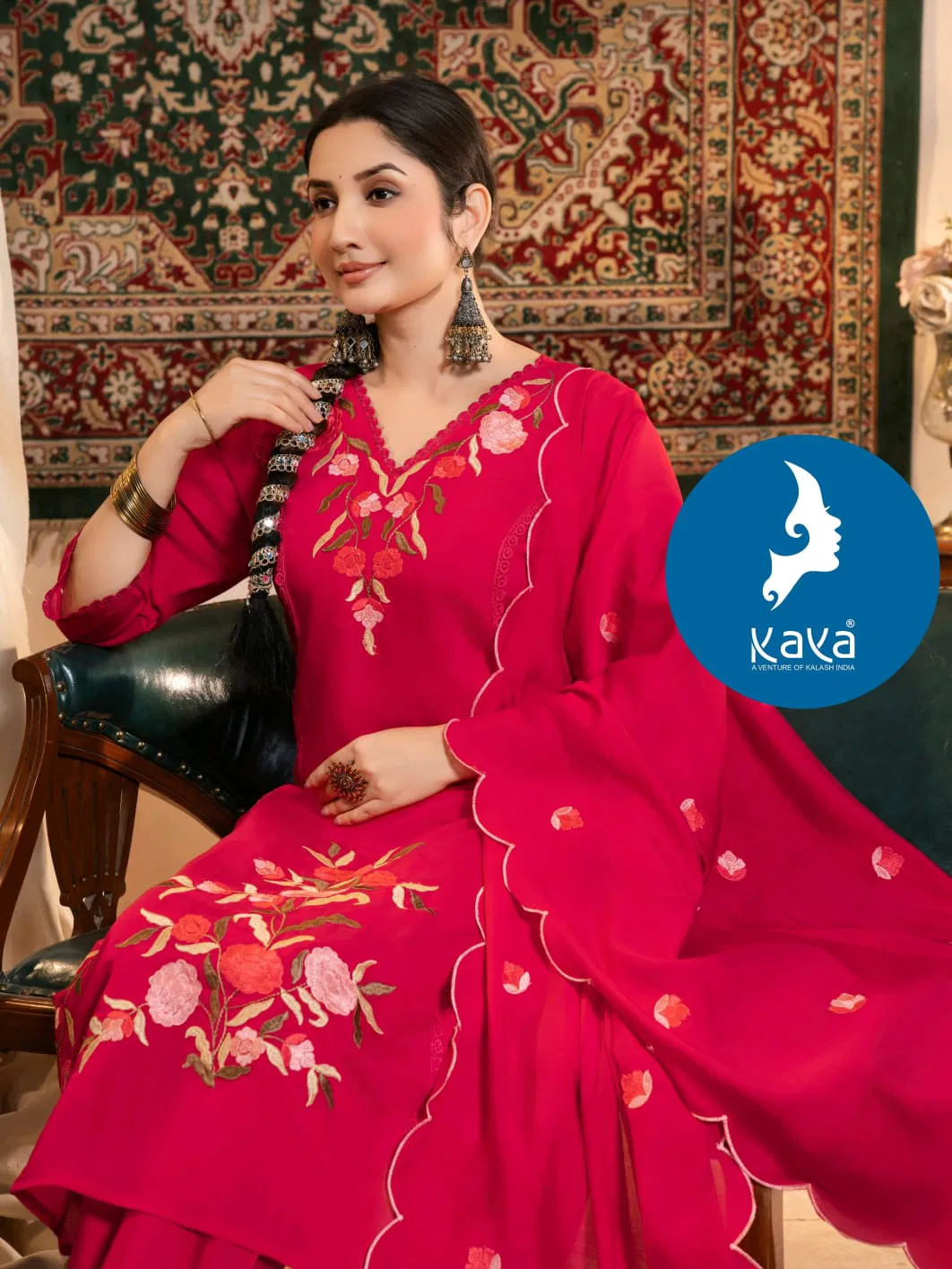 Kaya Khushboo Mul Chanderi Embroidered Kurti Bottom And Dupatta Set