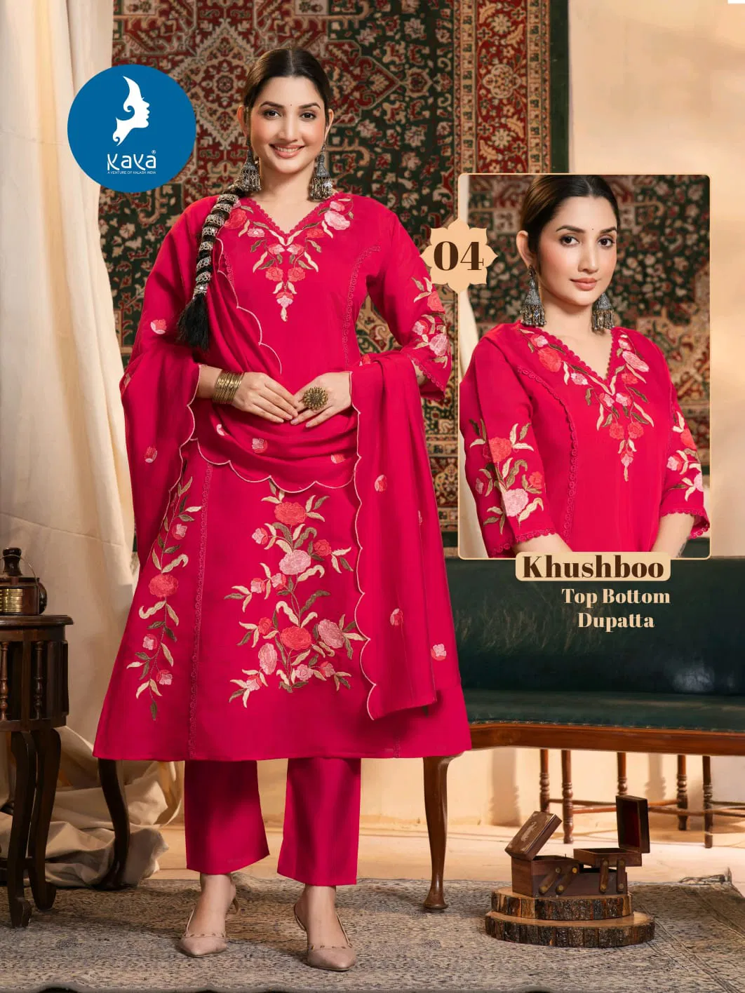 Kaya Khushboo Mul Chanderi Embroidered Kurti Bottom And Dupatta Set