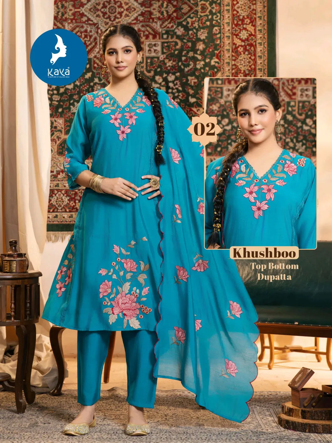 Kaya Khushboo Mul Chanderi Embroidered Kurti Bottom And Dupatta Set