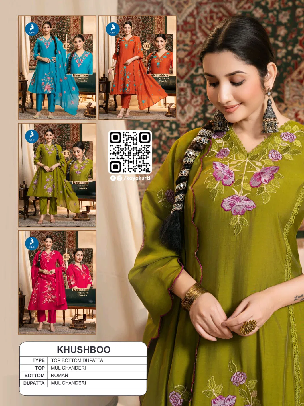 Kaya Khushboo Mul Chanderi Embroidered Kurti Bottom And Dupatta Set