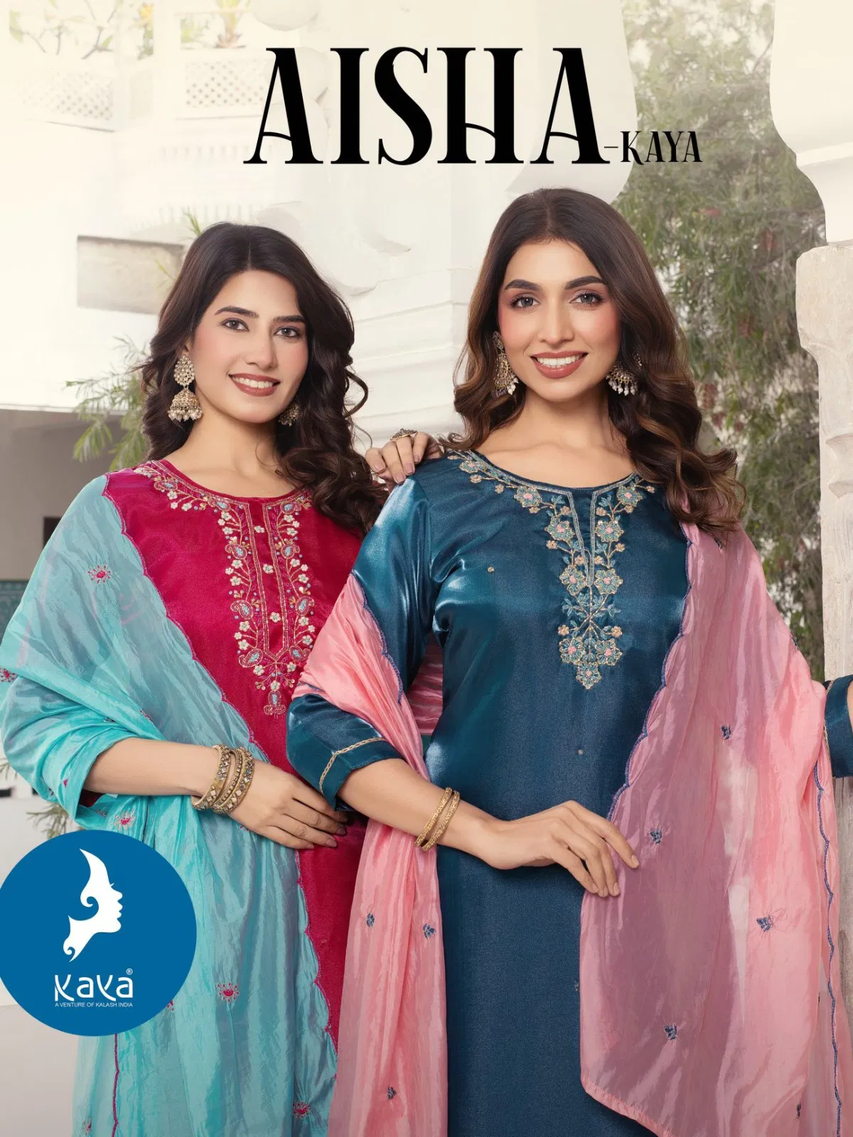 Kaya Aisha Satin Silk Neck Embroidered Fancy Kurti With Bottom Dupatta