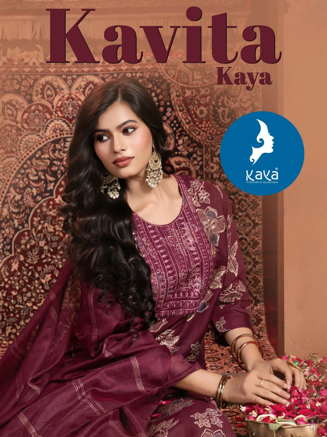 Kaya Kavita Vertican Print With Foil Worked Kurti Pant With Dupatta