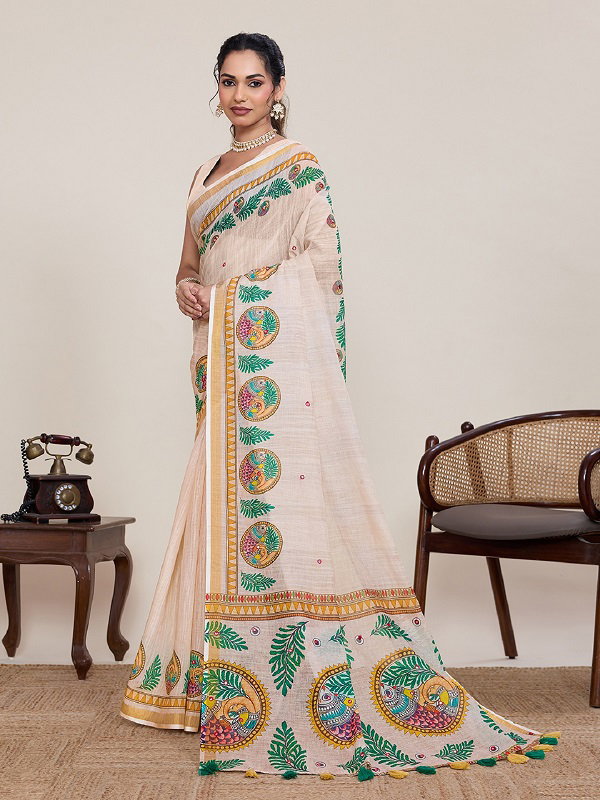  Maahi 217 Casual Wear Printed Linen Saree with Zari Lace Border 