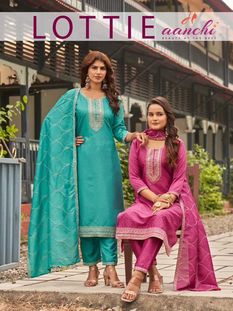 Aanchi Lottie Vichitra Silk Neck Embroidered Kurti Pant With Dupatta