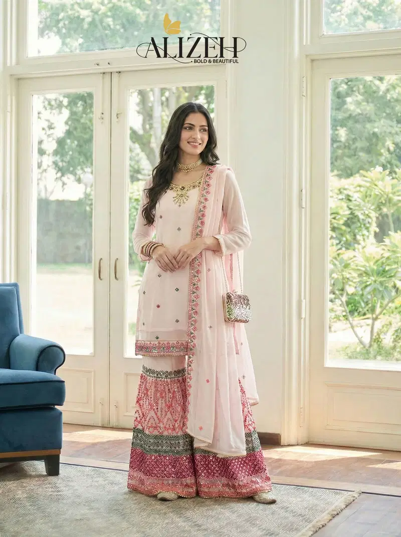 Alizeh 7077 And 7078 Georgette With Embroidered Top Sharara And Dupatta