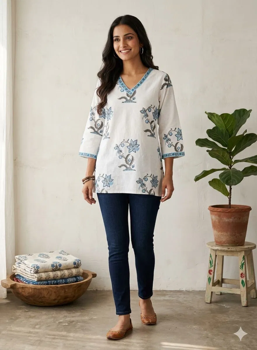 Naisha K 736 Cotton Hand Block Print V Neck Fancy Top Collection
