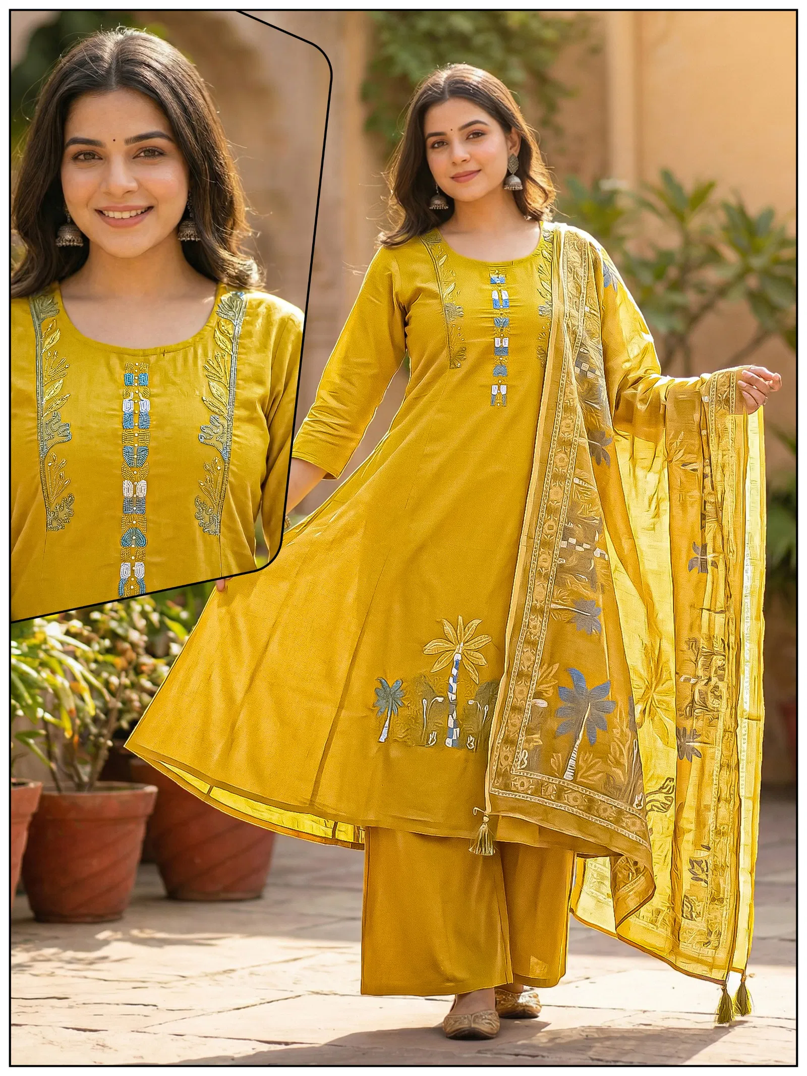 Naisha K 737 Cotton Embroiedered Gera Pattern Kurti With Bottom And Dupatta