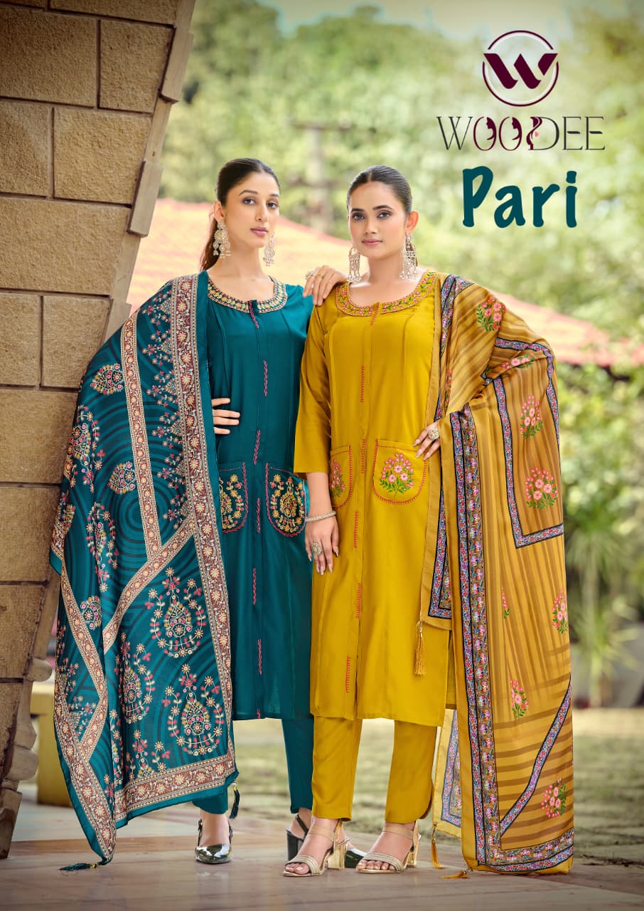 Woodee Pari Rayon Thread Work Kurti Pant And Dupatta Collection