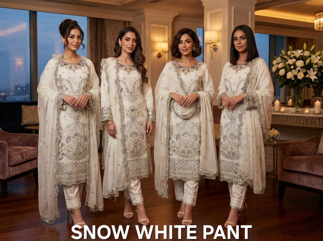 FM Snow White Pant Chiffon With Embroidery KurtI Pent WIth Dupatta Set