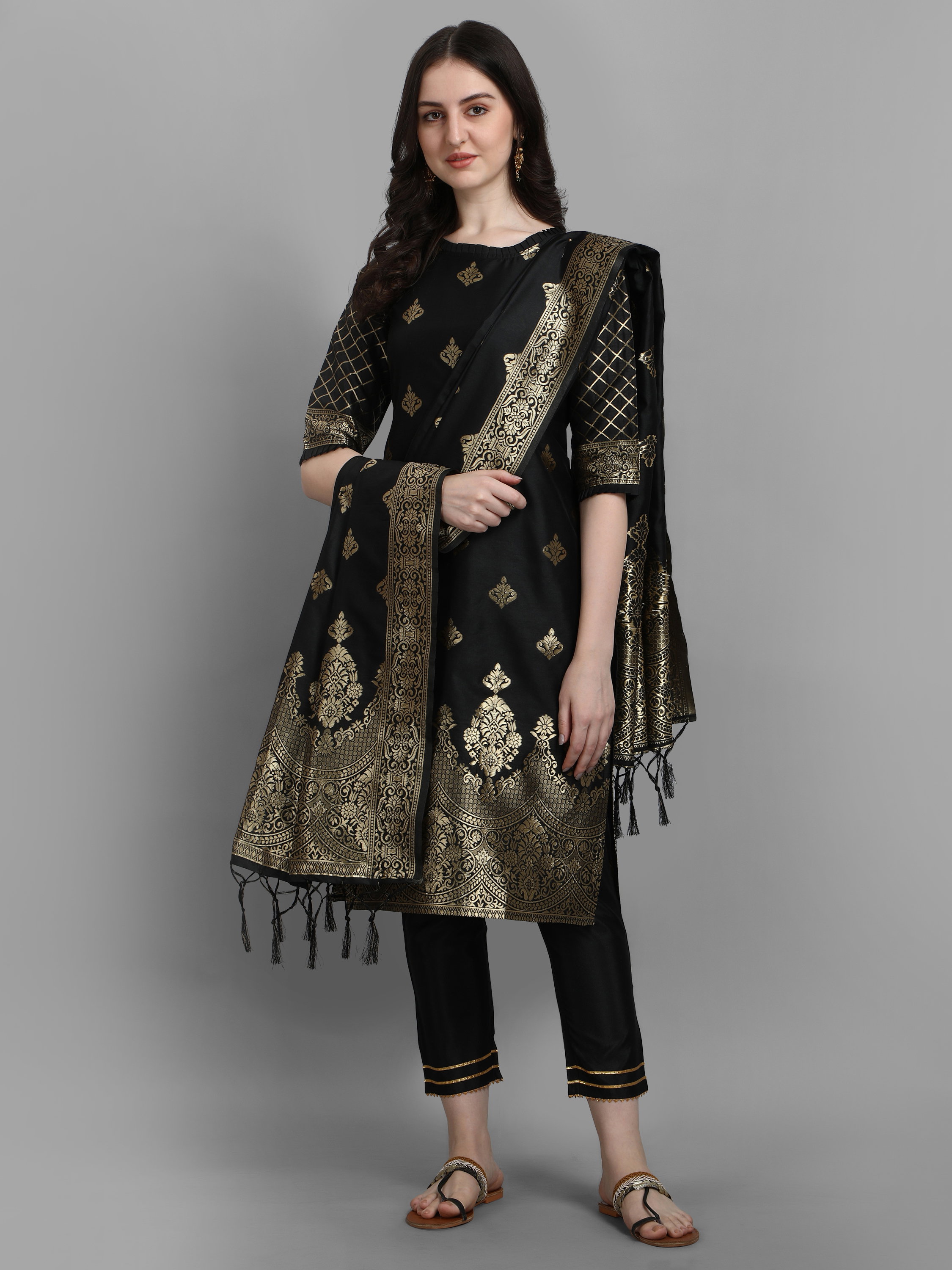 VP 9211 BLACK Cotton Silk Kurta and Pant Set with Banarasi Silk Dupatta