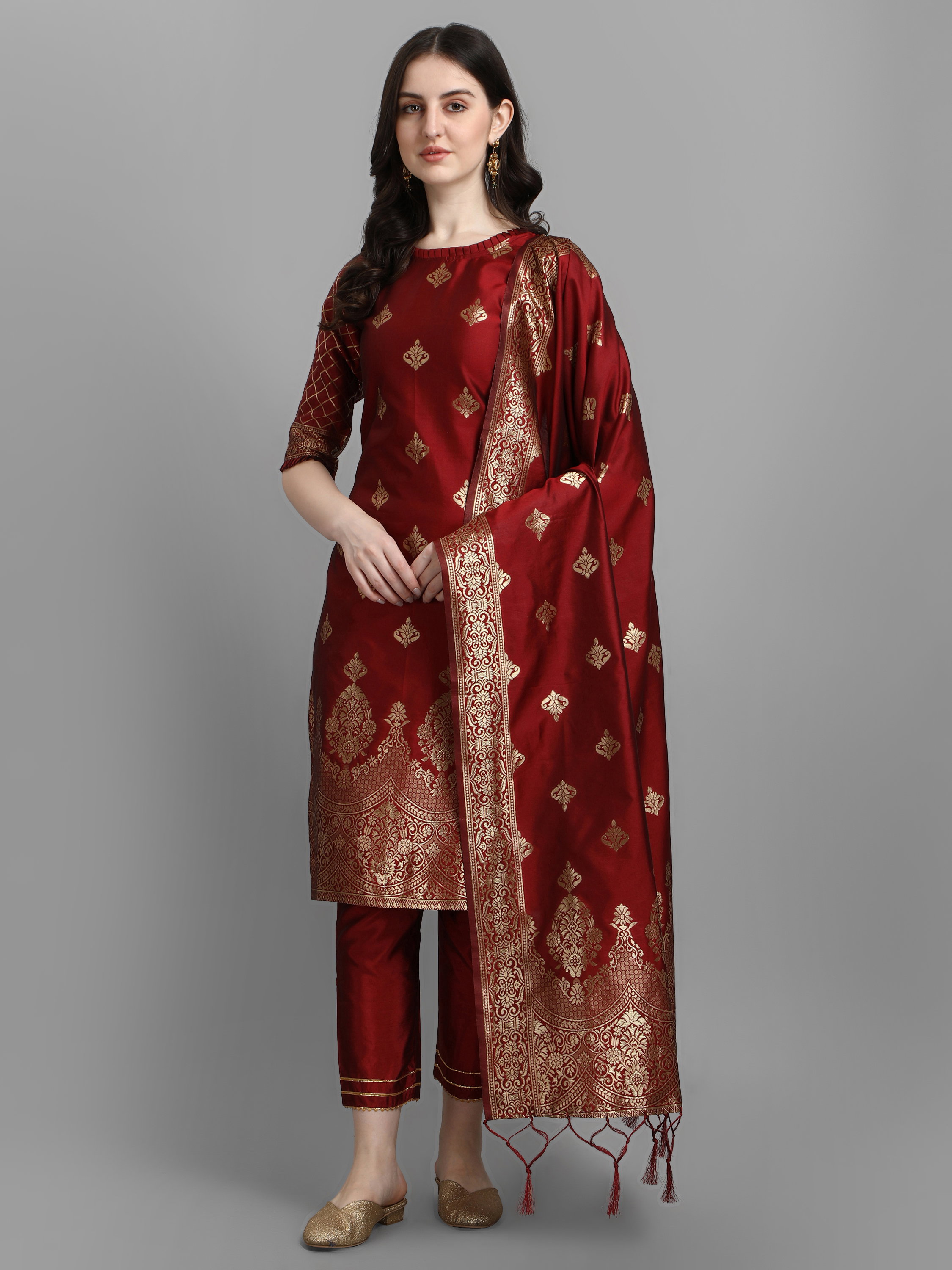 VP 9211 Maroon Cotton Silk Kurta and Pant Set with Banarasi Silk Dupatta