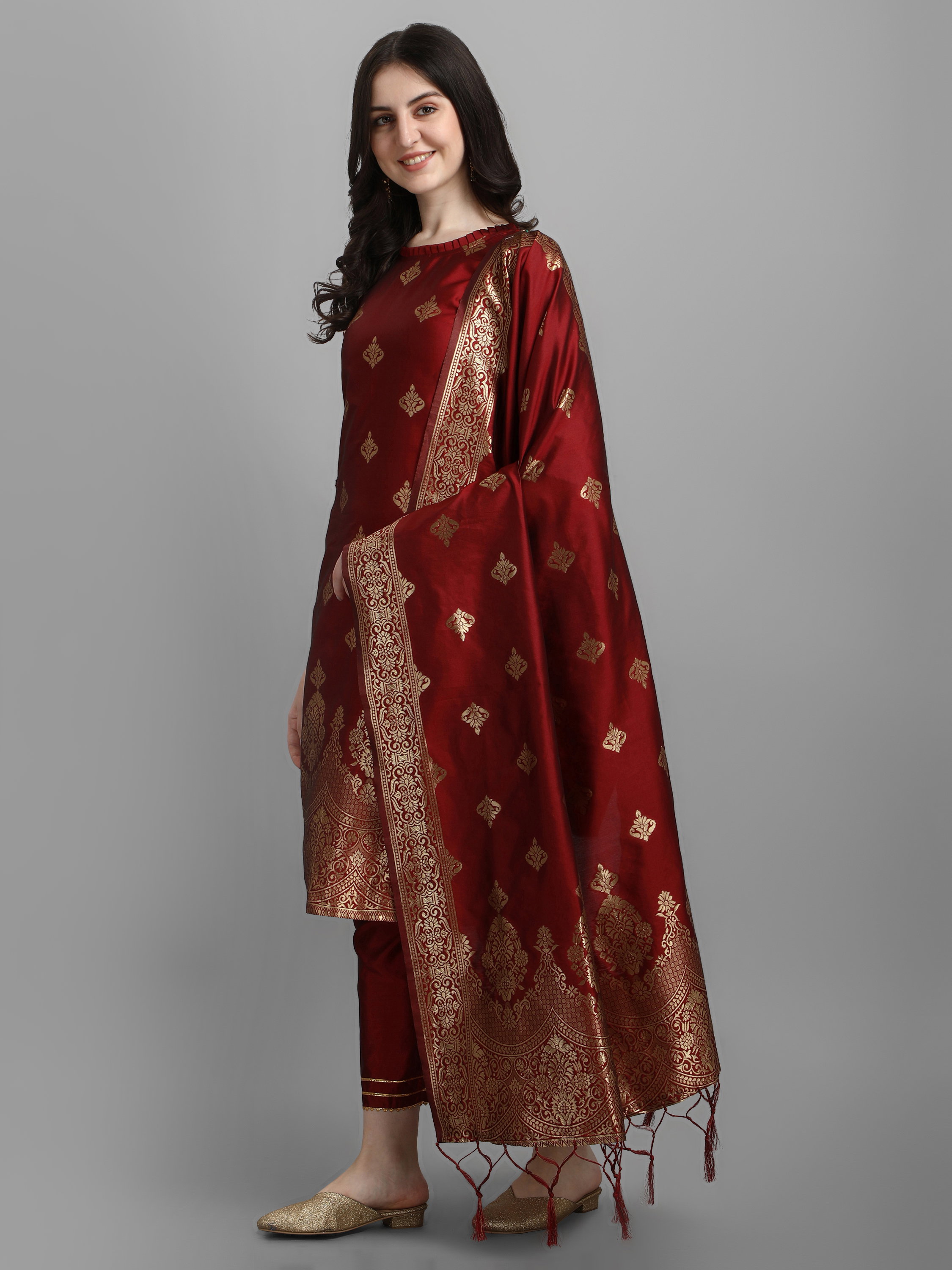 VP 9211 Maroon Cotton Silk Kurta and Pant Set with Banarasi Silk Dupatta
