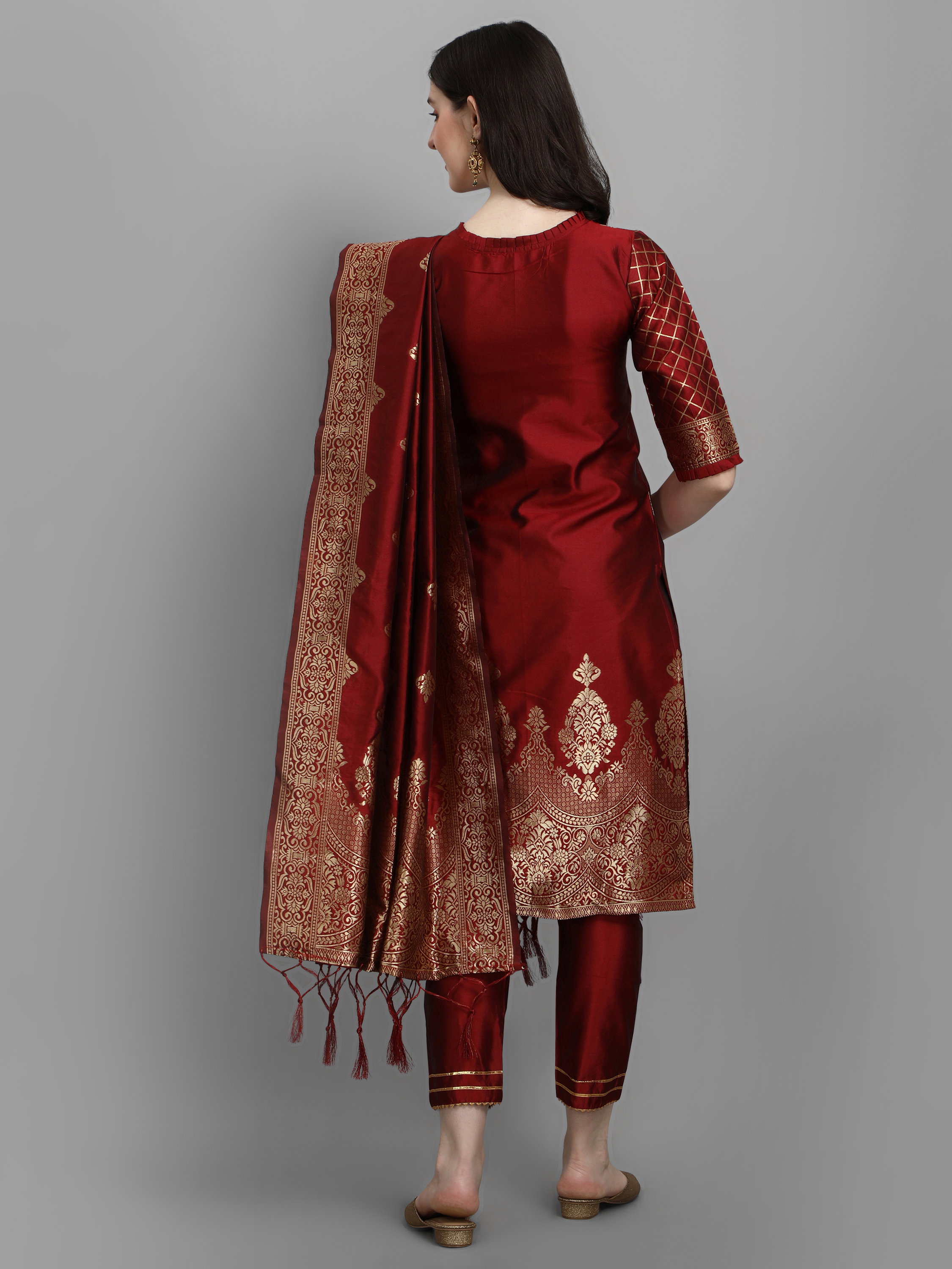 VP 9211 Maroon Cotton Silk Kurta and Pant Set with Banarasi Silk Dupatta