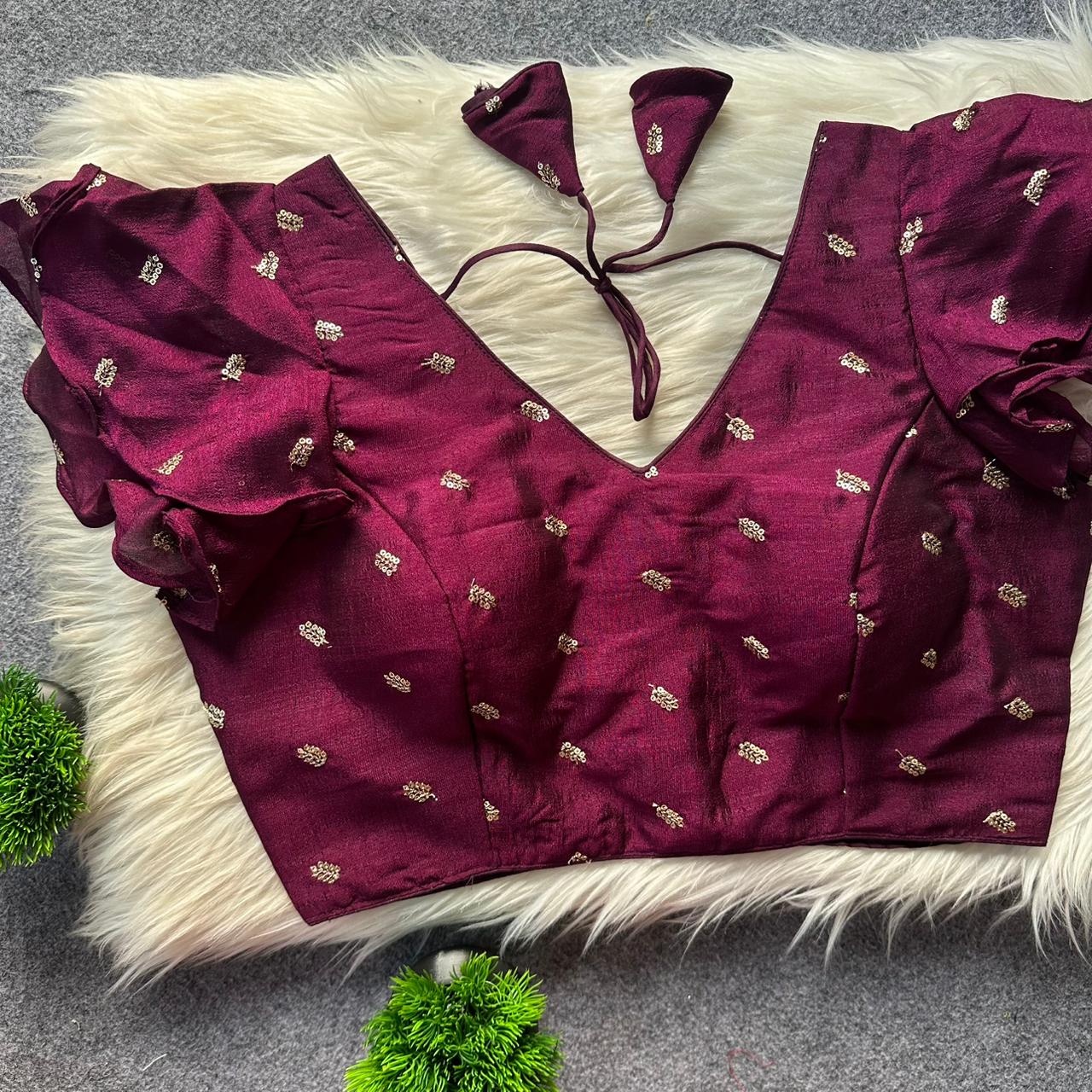 Pih Vichitra Silk Frill With Gold Butti Work Blouse Collection
