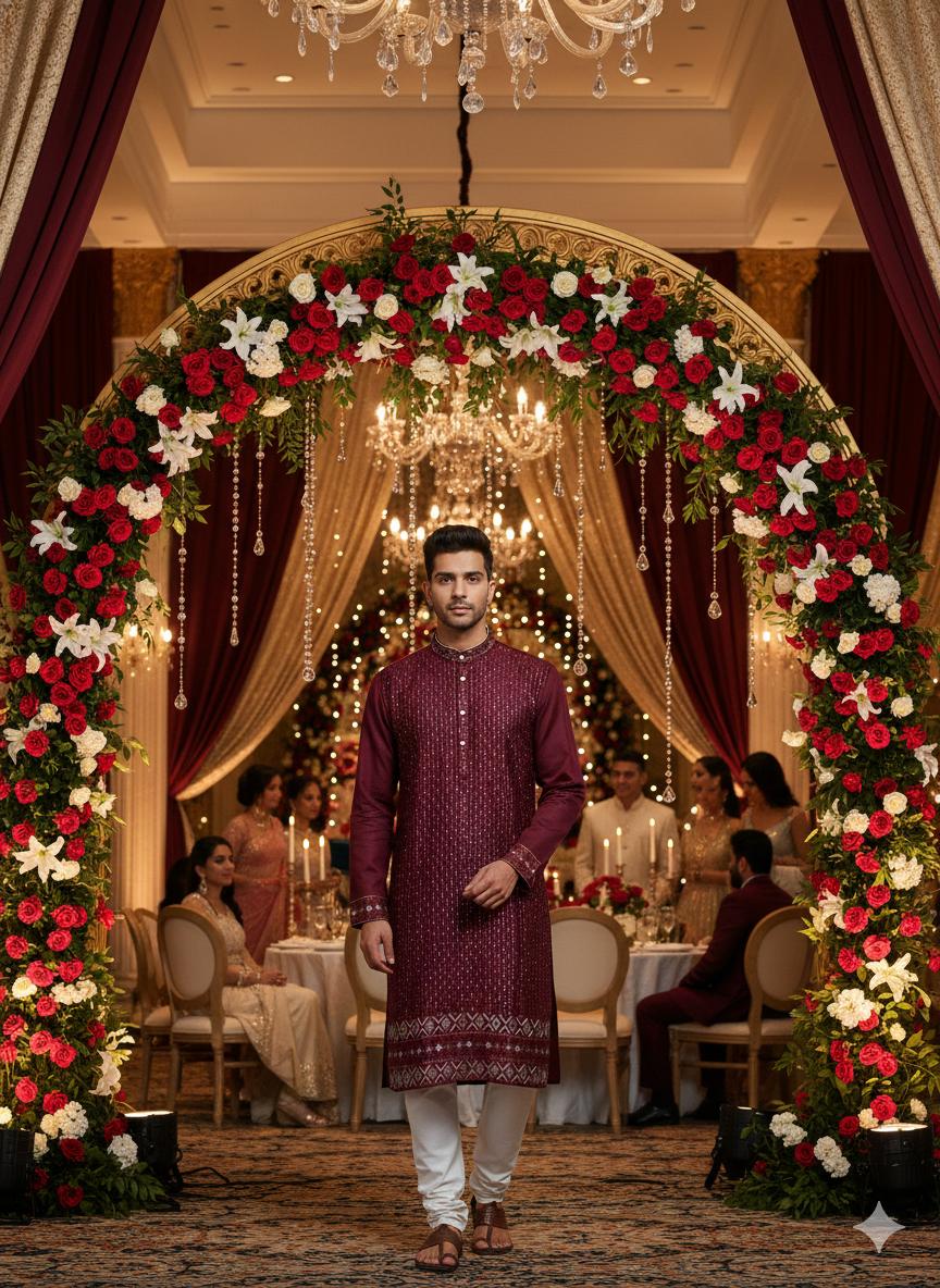 Lekha Sal 6 Pure Silk Sequins Work Mens Kurta Pajama