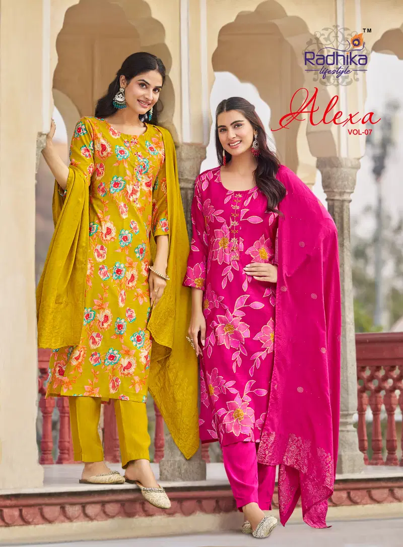 Radhika Alexa Vol 7 Vertican Silk Foil Printed Kurti Pant And Dupatta