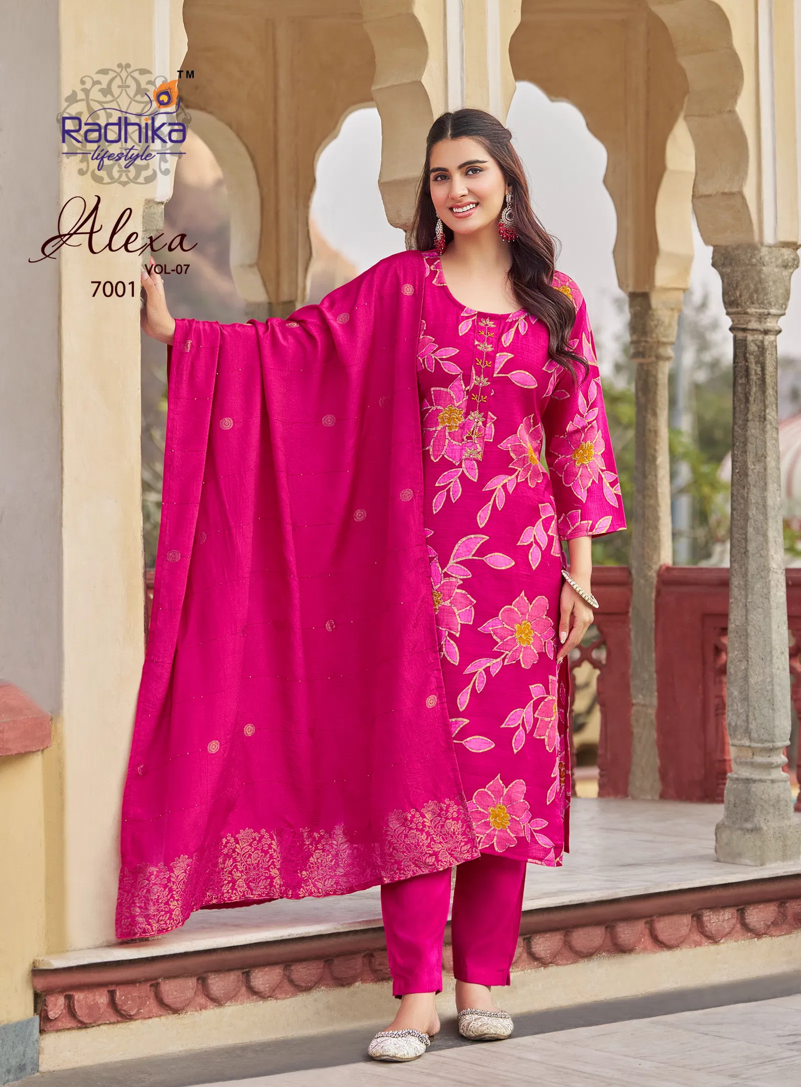 Radhika Alexa Vol 7 Vertican Silk Foil Printed Kurti Pant And Dupatta